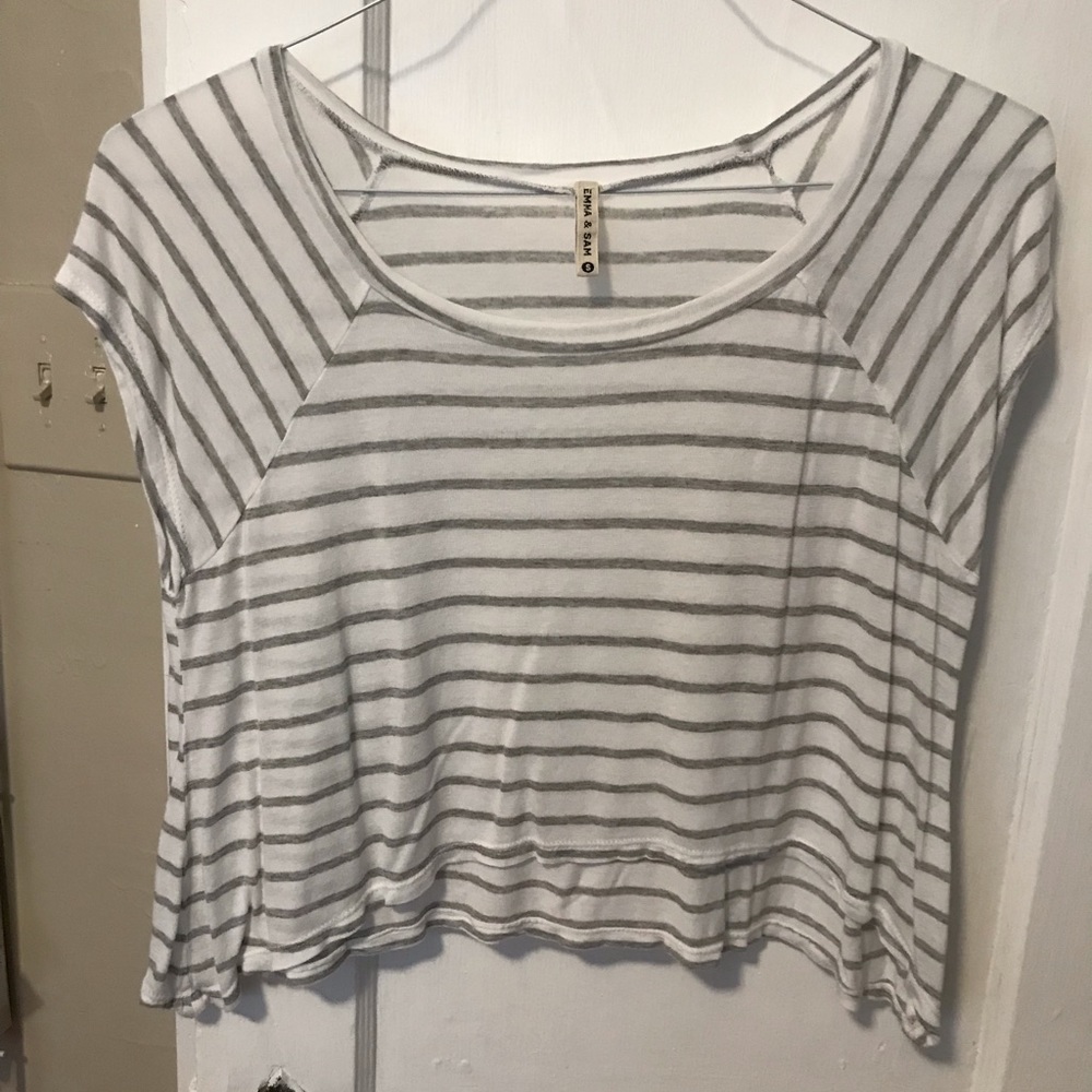 Emma and Sam Striped Cropped T gray and white